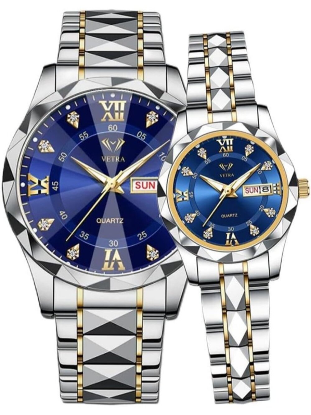 Couple’s Two tone band and Blue dial Luxury Diamond Waterproof Quartz Watches